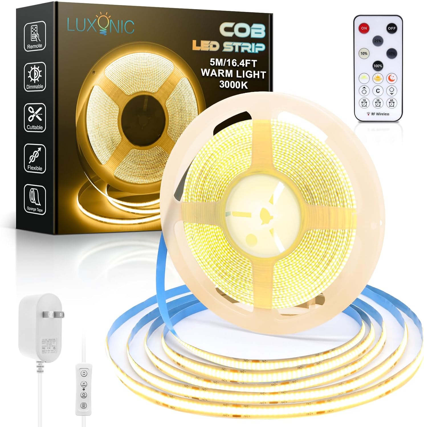 LUXONIC COB LED Light Strip,16.4FT/5M 3000K Warm White Continuous Strip Light, 24V Dimmable LED Lights with Remote Control,CRI90+ Ultra Bright Flexible Light Strip for Cabinet,Backlight,Home Decor