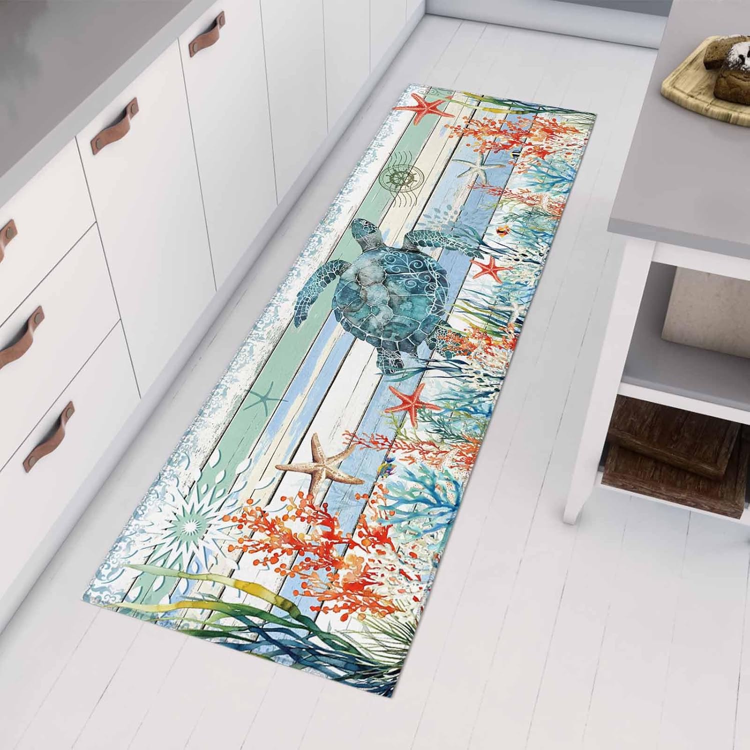 Teamery Kitchen Mats for Floor Sea Turtle Starfish Coral Washable Non Slip Kitchen Rugs 1PCS, Farm Blue Gradient Wood Board Absorbent Standing Mats for Sink Bathroom Office Living Room 23.6x70.9in