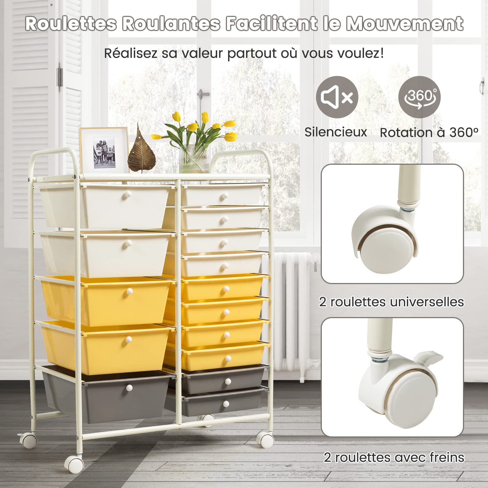 GOPLUS Chariot de Rangement 15 Tiroirs, Tiroir Détachable, Tour de Rangement à 4 Roulettes, 2 avec Frein, pour Chambre, Bureau, 63 x 37 x 87 CM, Jaune