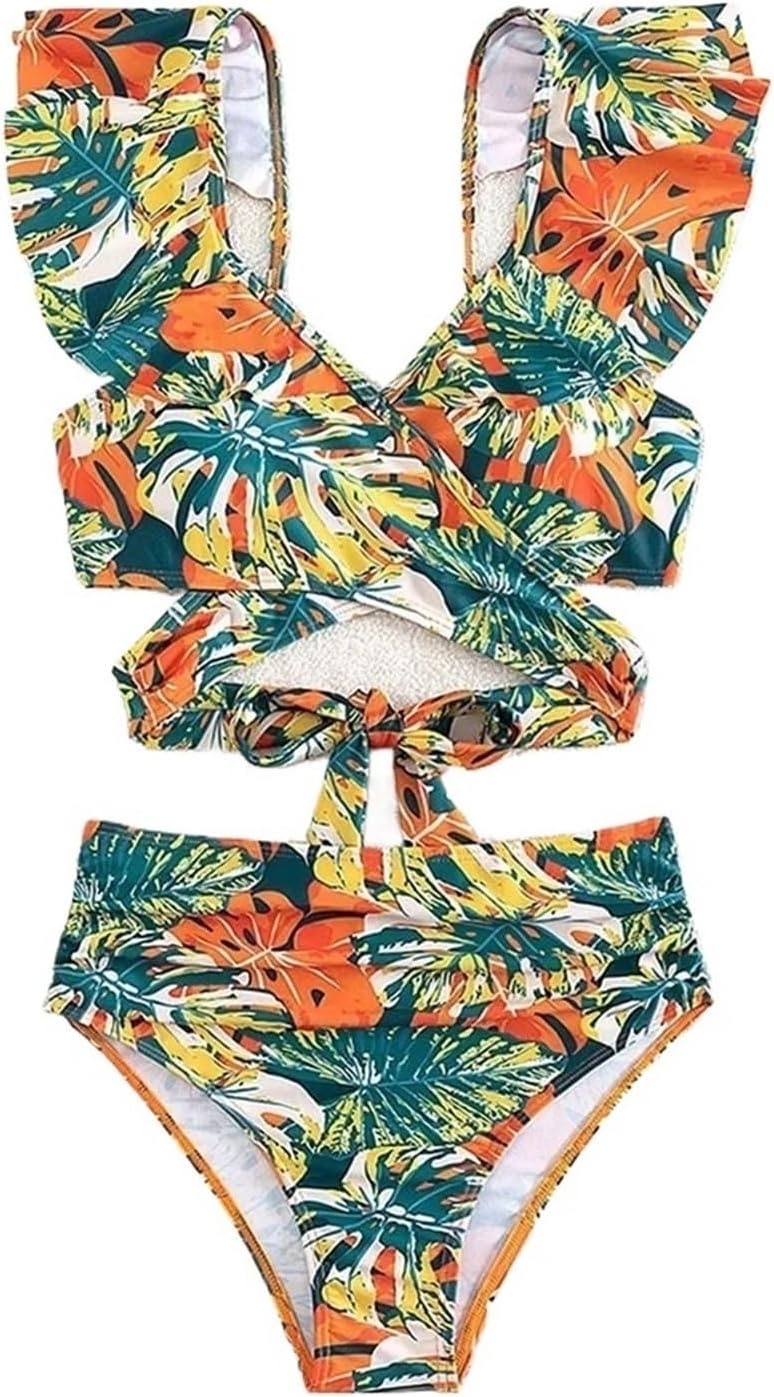 [XMSXP] レディース プリント 夏用 プッシュアップ 水着 ハイウエスト ビキニセット 水着 ビーチウェア 1セット