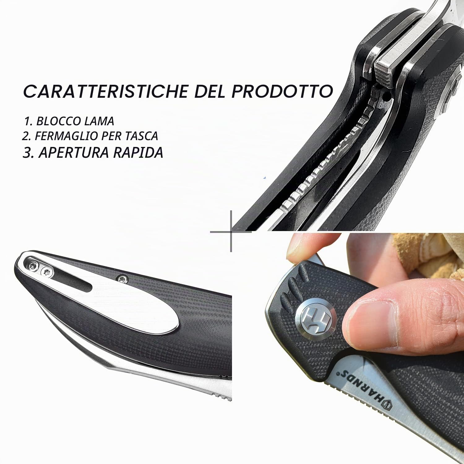 HARNDS Parrot Premium Coltello pieghevole con lama Sandvik 14C28N da 3,58" e manico in G10 con clip, chiusura con liner per l'EDC e il campeggio all'aperto. (Nero)