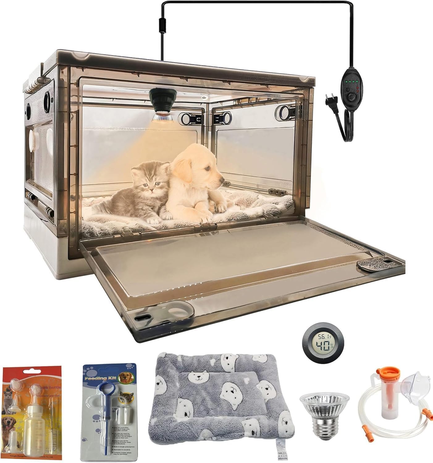 Incubator for Puppies with Heating Large Brooder Nursery Kitten Incubator for Puppies with Pet Bed Mat,Pet Medicine Feeder,Temperature Detection and Nebulization Kit 55L