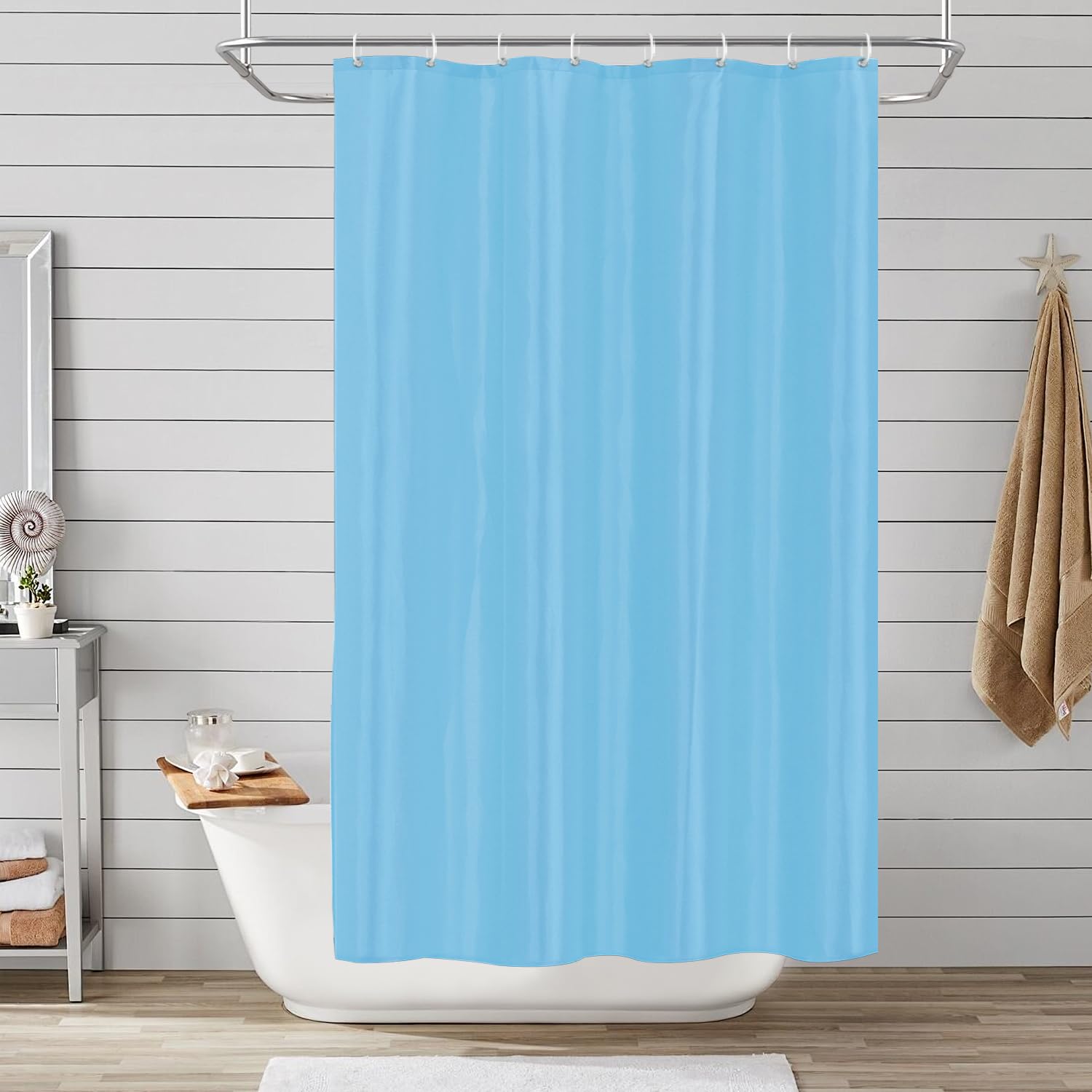 LUKDUNG 120 x 200 cm Polyester Textile Shower Curtain Anti-Mould for Bathroom, Curtain for Bathtub Shower Made of Fabric Waterproof Washable Shower Curtain with 8 Hooks Blue