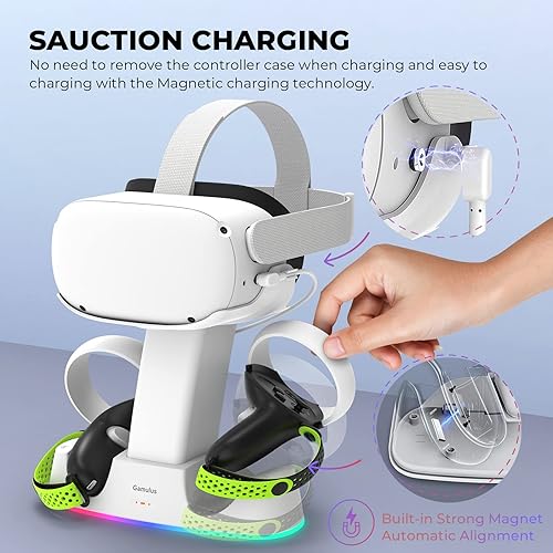 Miniatura 3 de Gamulus Base de carga RGB para Meta Quest 2, controlador de soporte con agarres, auriculares y controladores, soporte de estación de carga magnética