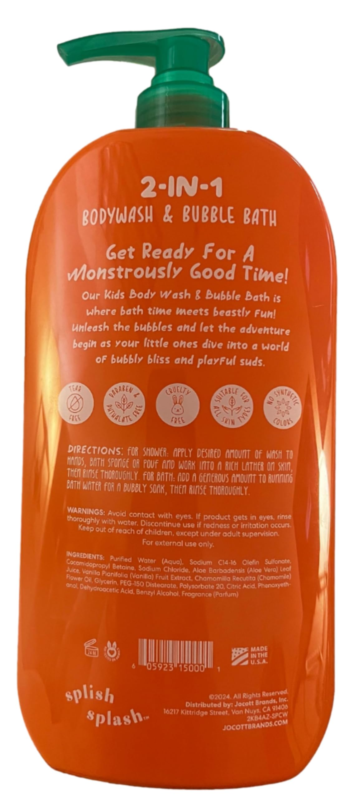 Splish Splash Kids 2-in-1 Body Wash & Bubble Bath | Tear-Free, Paraben-Free & Dye-Free | Gentle Suds for All Skin Types – Fun Bath Time for Kids – Watermelon 32 Fl Oz