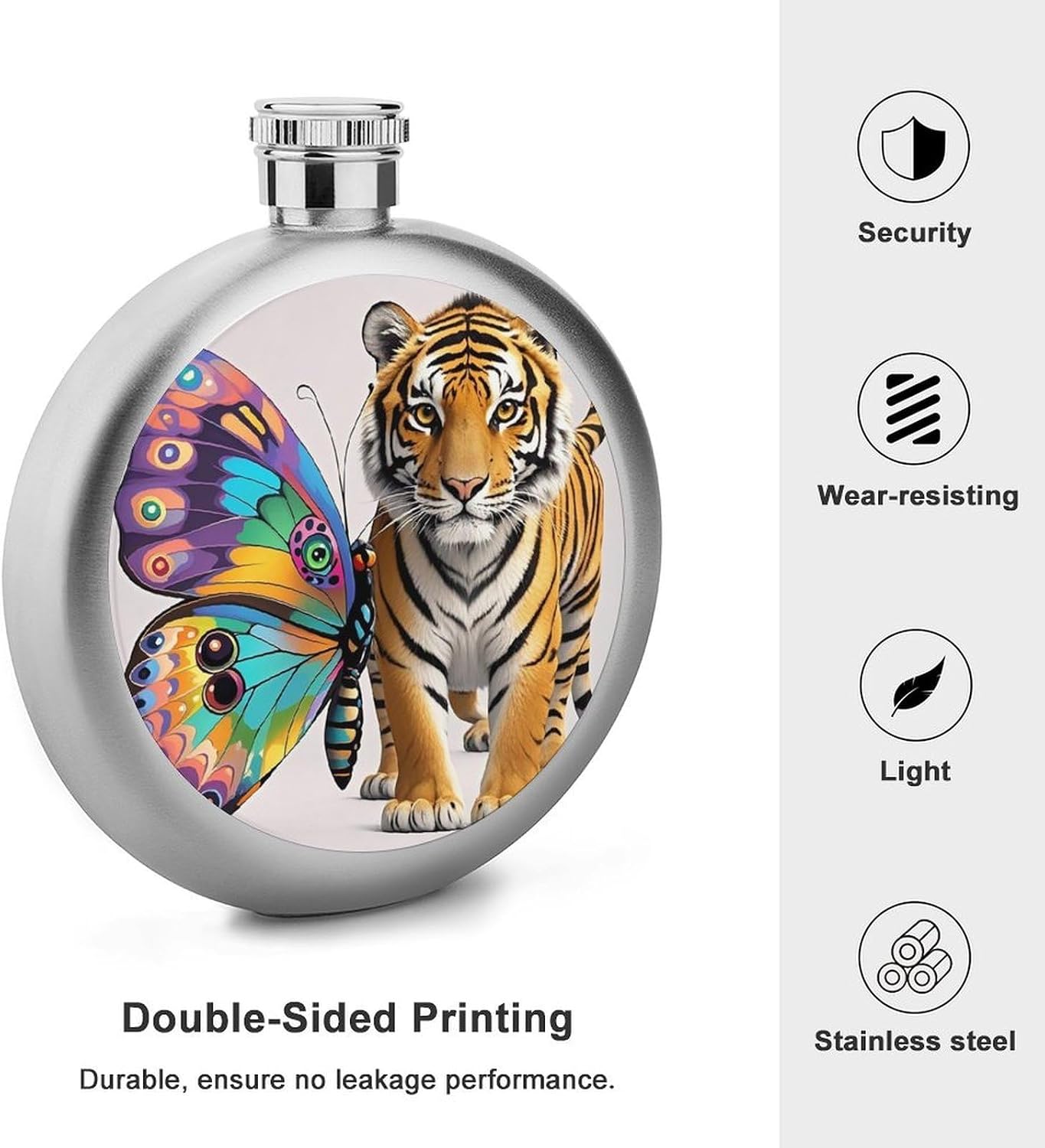 Butterfly And Tiger Stainless Steel Flagon to 5 Oz with Screw Cap,Hip Flask for Men–Whiskey & Liquor Pocket Flask,Alcohol Flagon for Camping Drink Sports Outdoor Wine Bottle