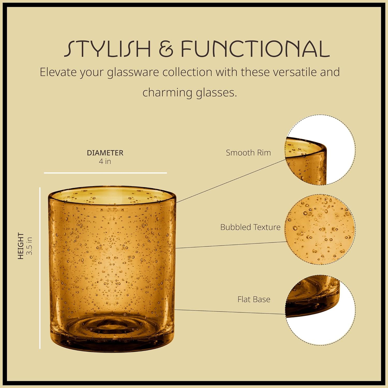 Artland 14oz Double Old Fashion Glass, Set of 4 | Iris Seeded Design, Amber | Drinking Glass for Parties and Everyday Use - Mojito, Whiskey, Cocktail | Glassware & Barware Essentials