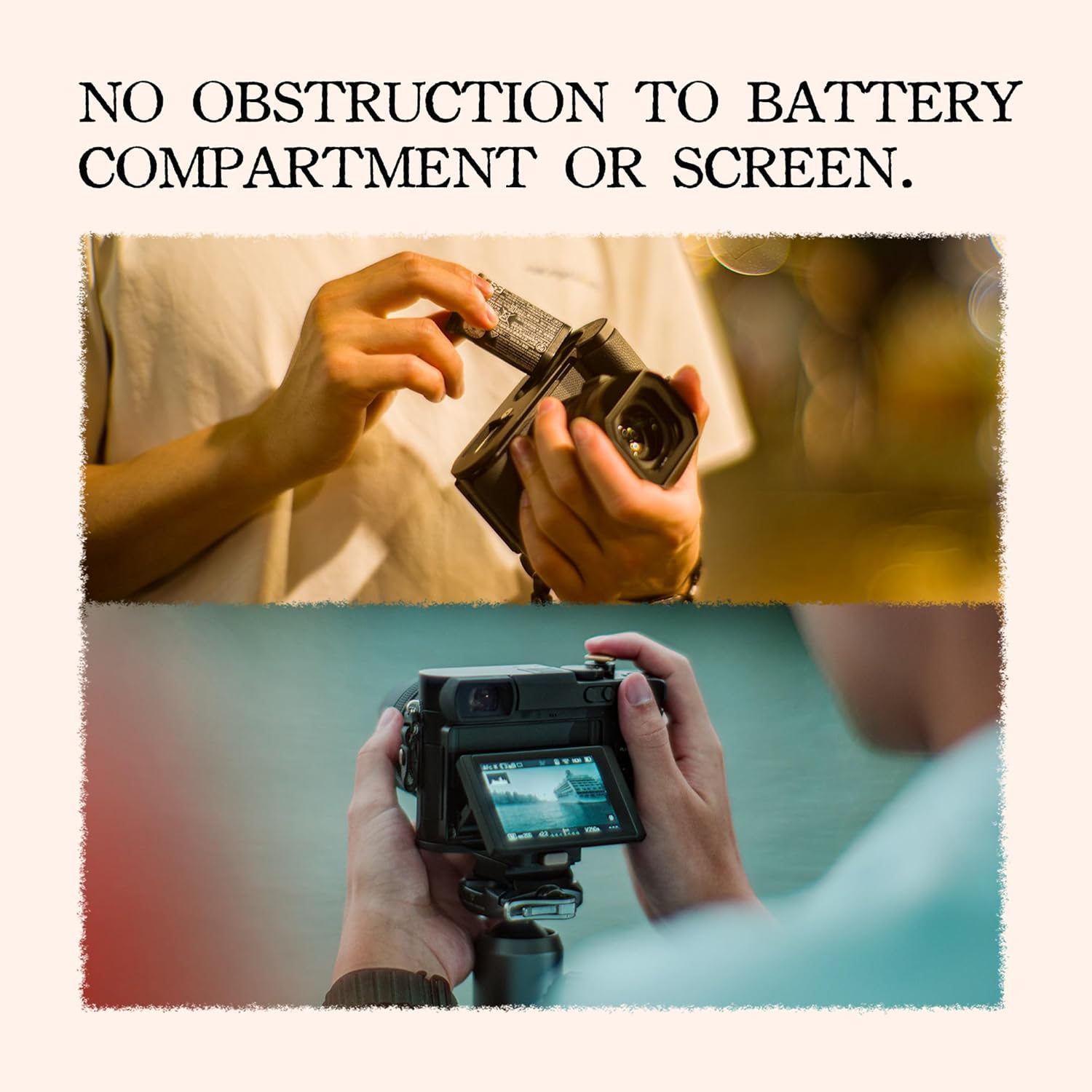 Hands installing the camera cage baseplate onto a Leica Q3 camera