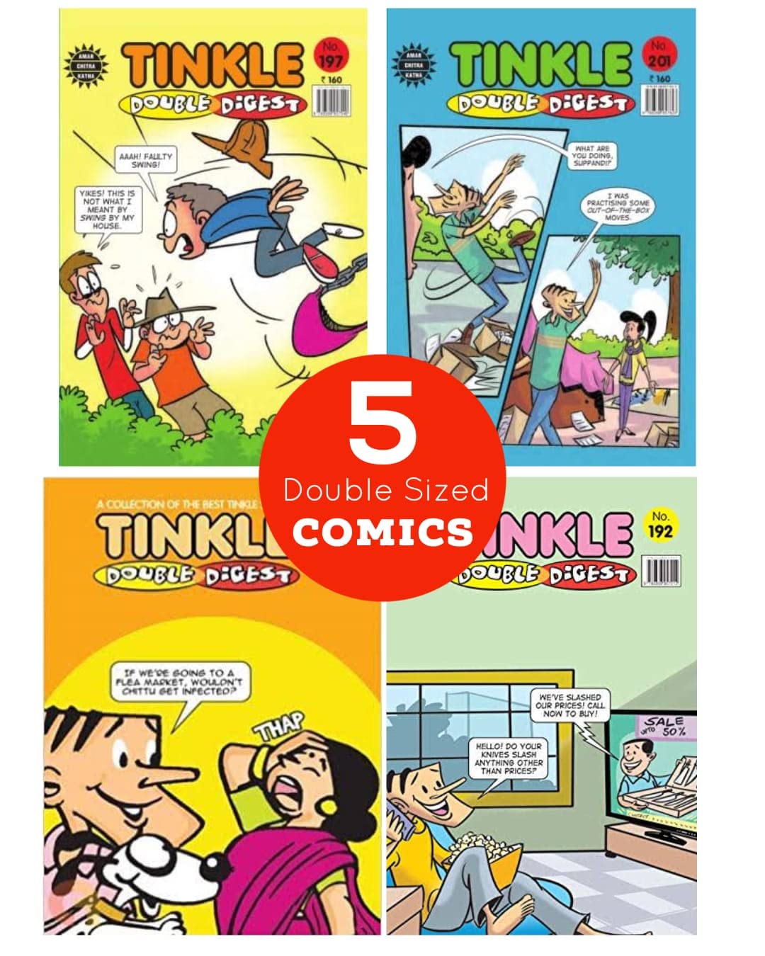Tinkle Digest Comics Books | Tinkle Double Digest | Set of 5 Books | Amar Chitra Katha | Tales from Suppandi and Tantri Mantri inside | 180 Pages x 5 Comics