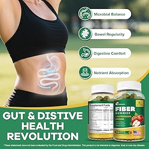 13-in-1 Prebiotic Fiber Gummies for Adults - Fiber Supplement for Women and Men with Greens Blend, Inulin & ACV for Digestive, Gut Health - Sugar Free, Apple Flavor, 60 Vegan Gummies