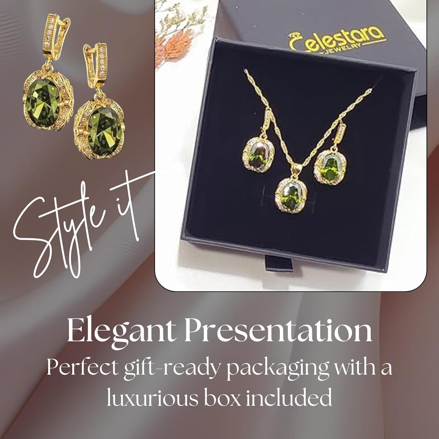 Cubic Zirconia Jewelry Sets for Women - Gold Tone Vintage European Style Necklace and Earring Set with Pendant - 18 to 20 Inch Adjustable Chain - Elegant Gift Box Included