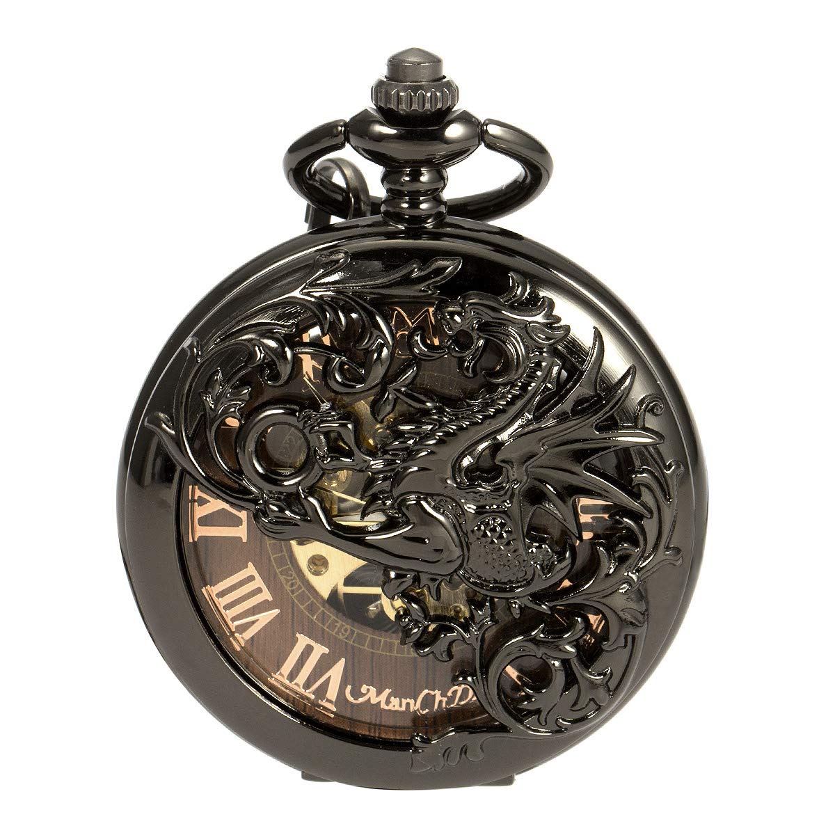 Mens Skeleton Mechanical Pocket Watch - Black Dragon Hollow Double Hunter ManChDa Burlywood Dial-image-20