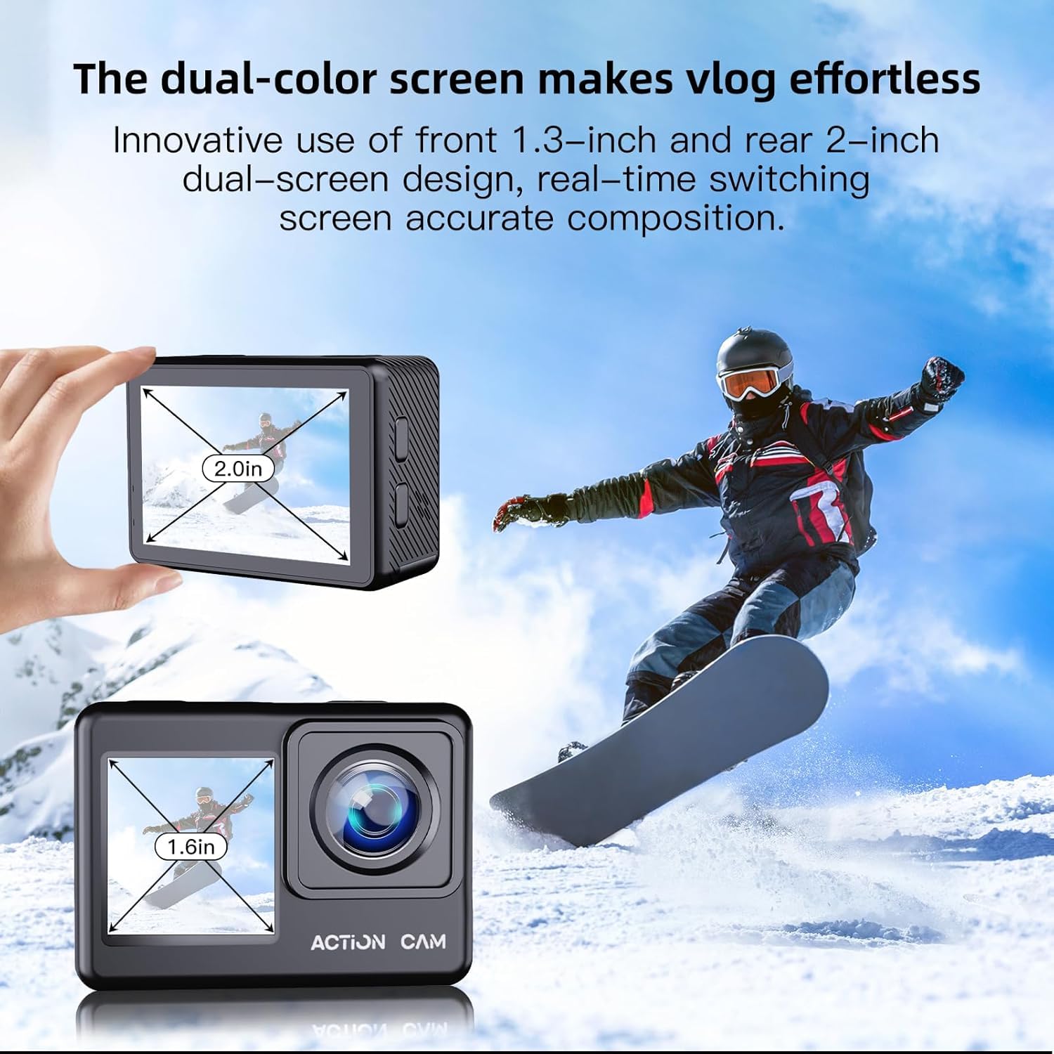 Cámara Deportiva 1080P FHD 16MP, Cámara Acuática con Doble Pantalla de 2" y 1.3", Sumergible 40M para Vlogging y Buceo, Incluye Tarjeta SD 32GB, 2 Baterías de 1050mAh y Accesorios（Negro）