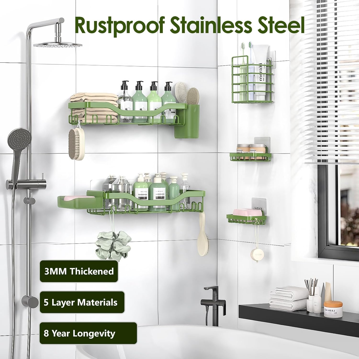  Shower Caddy Adhesive Shower Organizer 7-Pack, Rustproof Stainless Steel Bathroom Shelves, Large Capacity No-Drill Rack Storage Accessories with Soap Dish Toothbrush Holder Hooks thumbnail