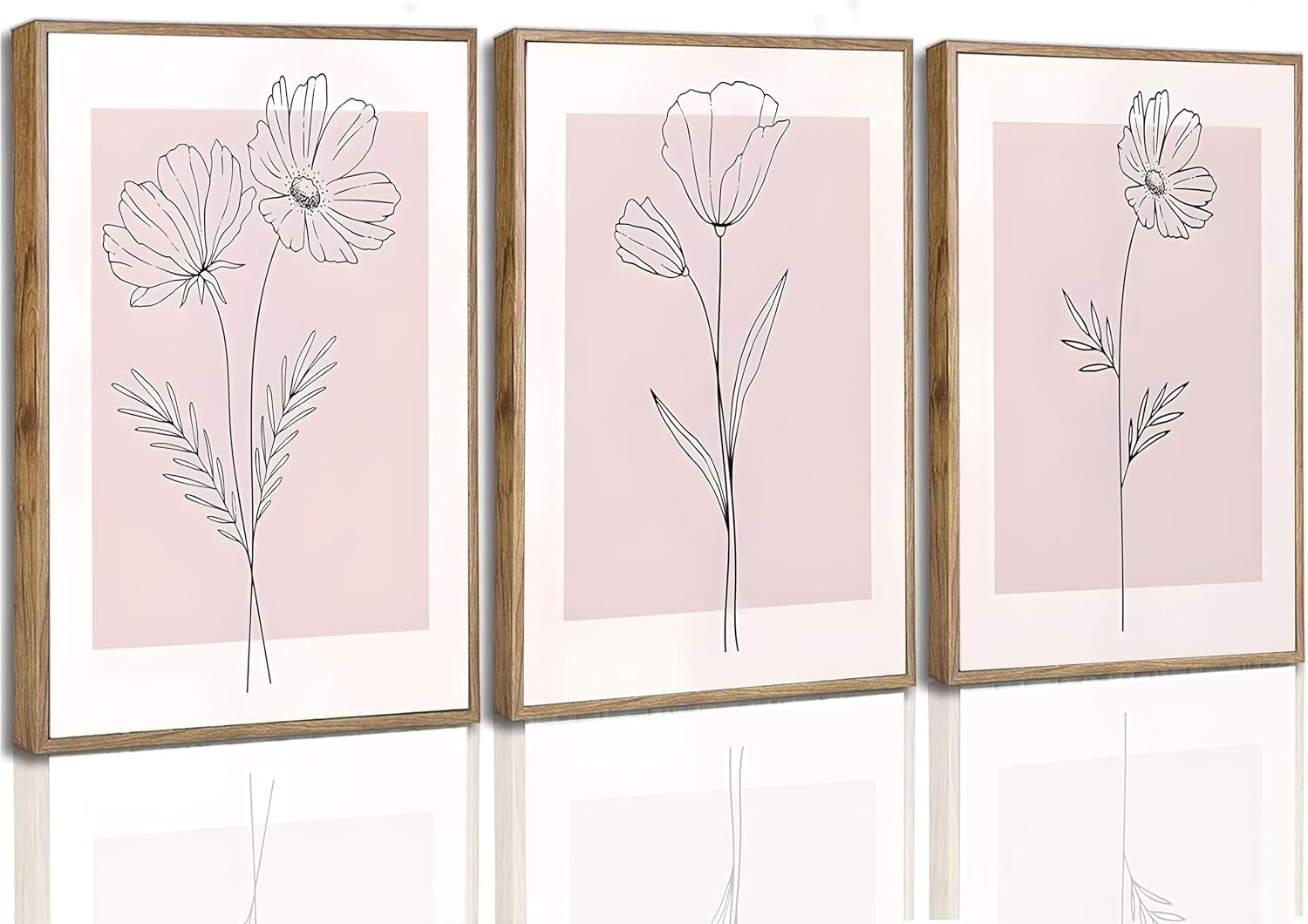 3 Pieces Minimalism Botanical Canvas Wall Art Pink Flowers Line Plants Pictures Wall Decor Posters Print Artwork for Girls' Room Living Room Bedroom Bathroom Office Home Decoration