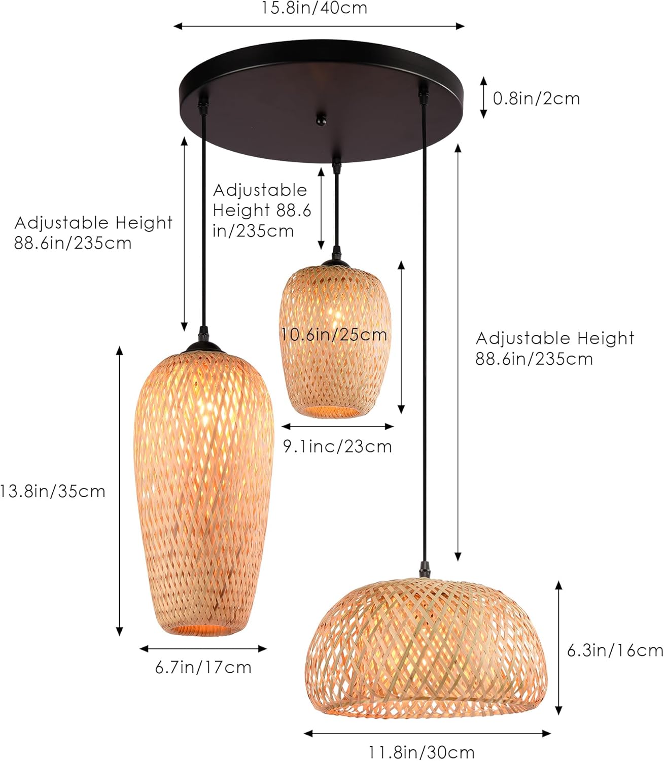 Farmhouse 3-light Rattan Pendant Light Fixtures , Hand-Woven Bamboo Shade Chandelier for Kitchen Island, Adjustable Ceiling Mount Hanging Lamp for Living room, Dining room, Bedroom, Entryway Décor