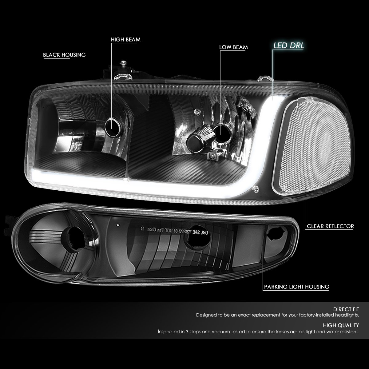 DNA MOTORING HL-LB-DAN99-BK-CL1 Black LED DRL Strip Headlight Compatible with 02-06 GMC Sierra 1500 Denali / 01 Sierra C3 / 07 Sierra 1500 Denali Classic / 01-06 Yukon Denali