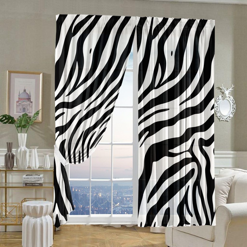 Zebra Print Semi Sheer Curtains Skin Texture Striped Abstract Art Printed Rod Pocket Light Filtering Window Panels for Living Room, 2 Pieces Total 104 Inch Wide, 96 Inch Long
