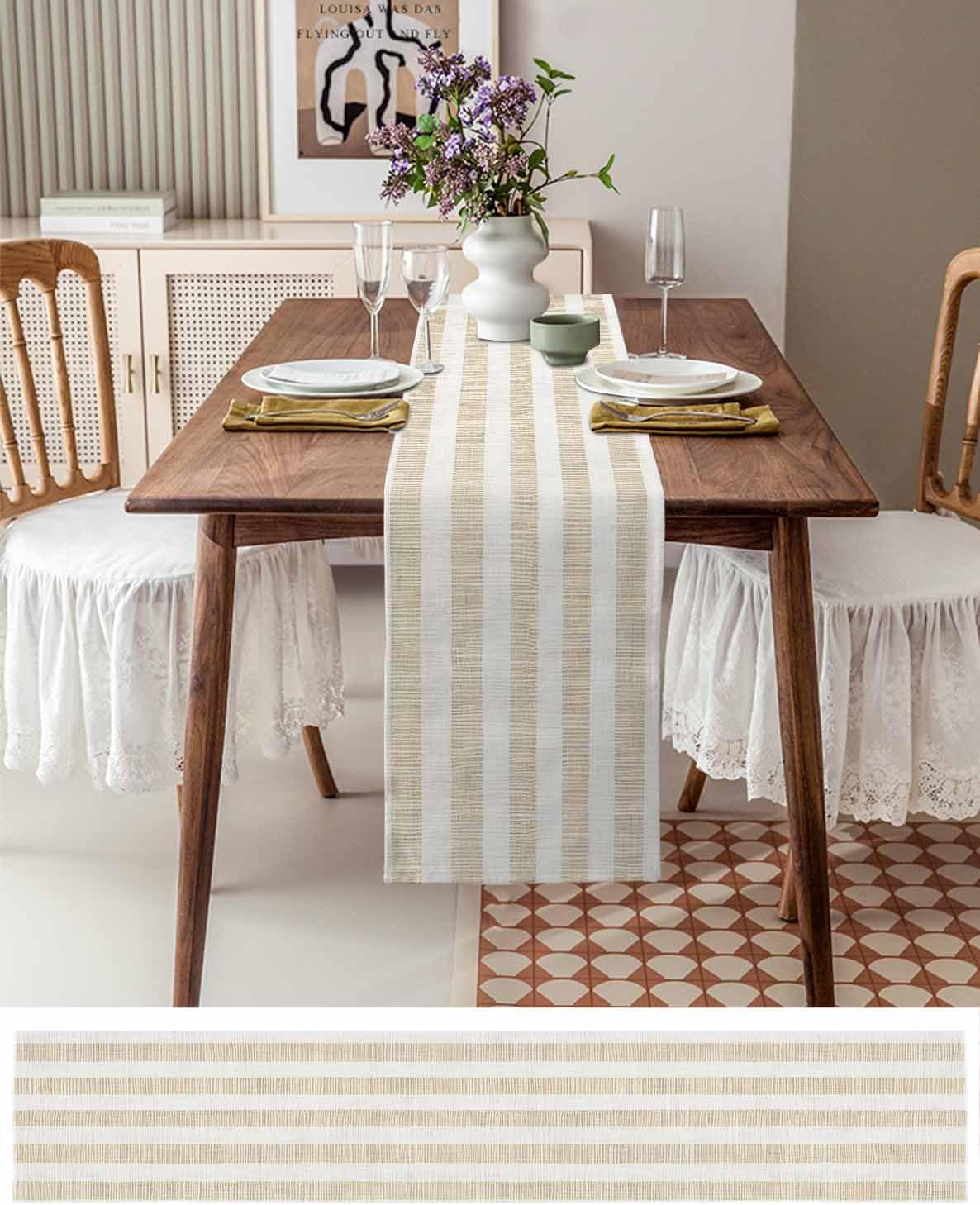 Beige Stripes Table Runner 120 Inches Long for Dresser Dining Room Rustic Linen Texture Kitchen Dining Table Runners Table Decorations for Home Party Indoor Outdoor 13 x 120 Inch