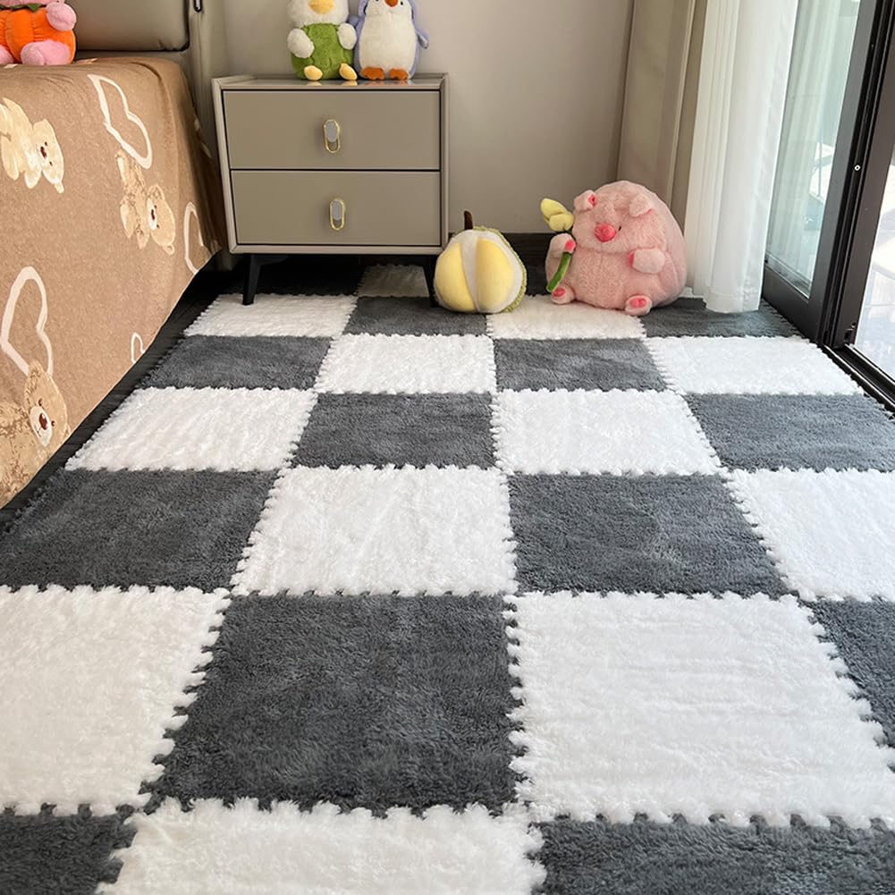 10Pcs Foam Play Mat 30x30cm Plush Square Interlocking EVA Foam Floor Tiles,Anti-Slip Play Area Rug Living Room Bedroom Gym Floor Protector (White Grey,1cm Thick)