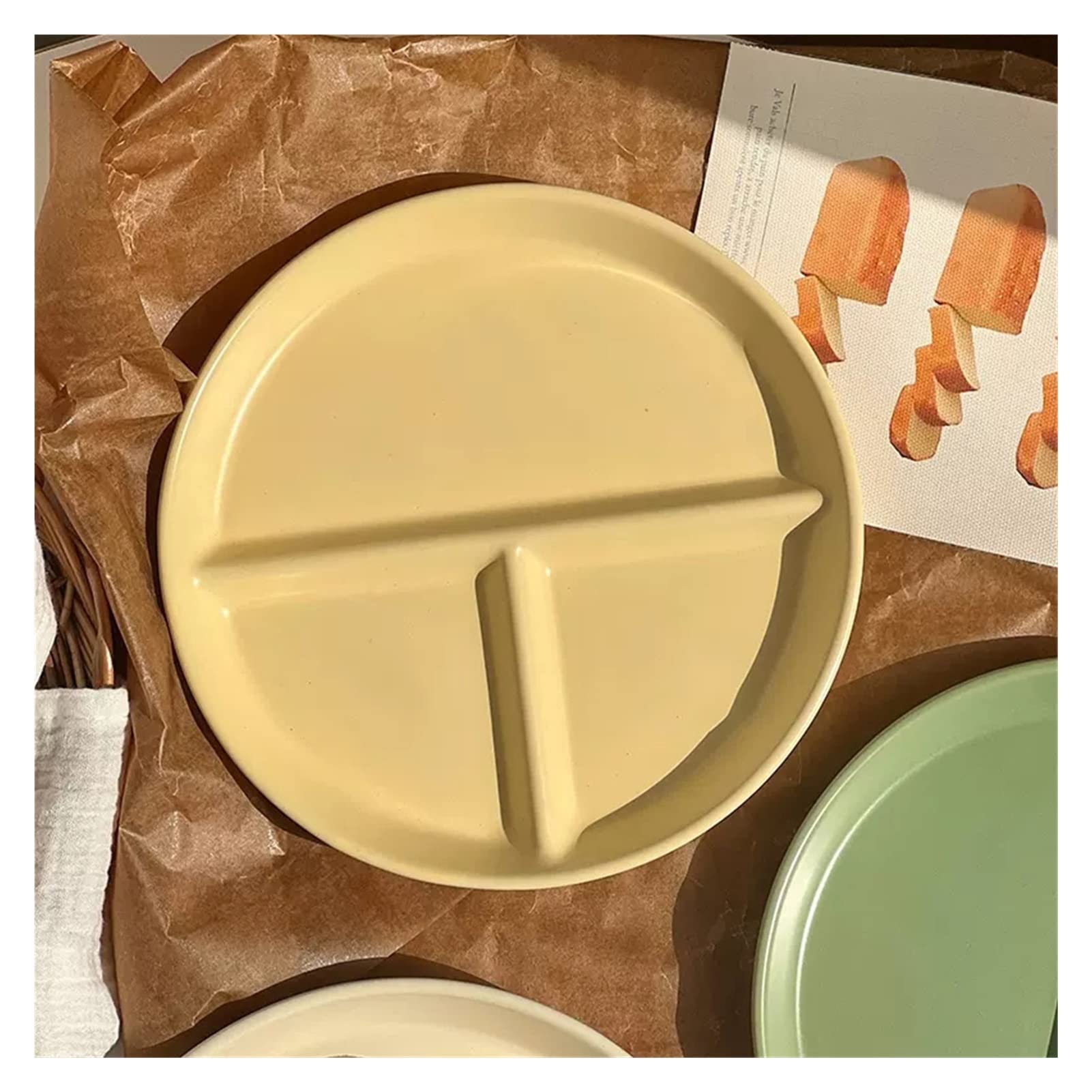8 inches Round Ceramic Dinnerware Divided Plates,1 Pc, 3 Compartment Portion Control Plates Adult Diet Plate Cream Color Series (Color : Yellow)