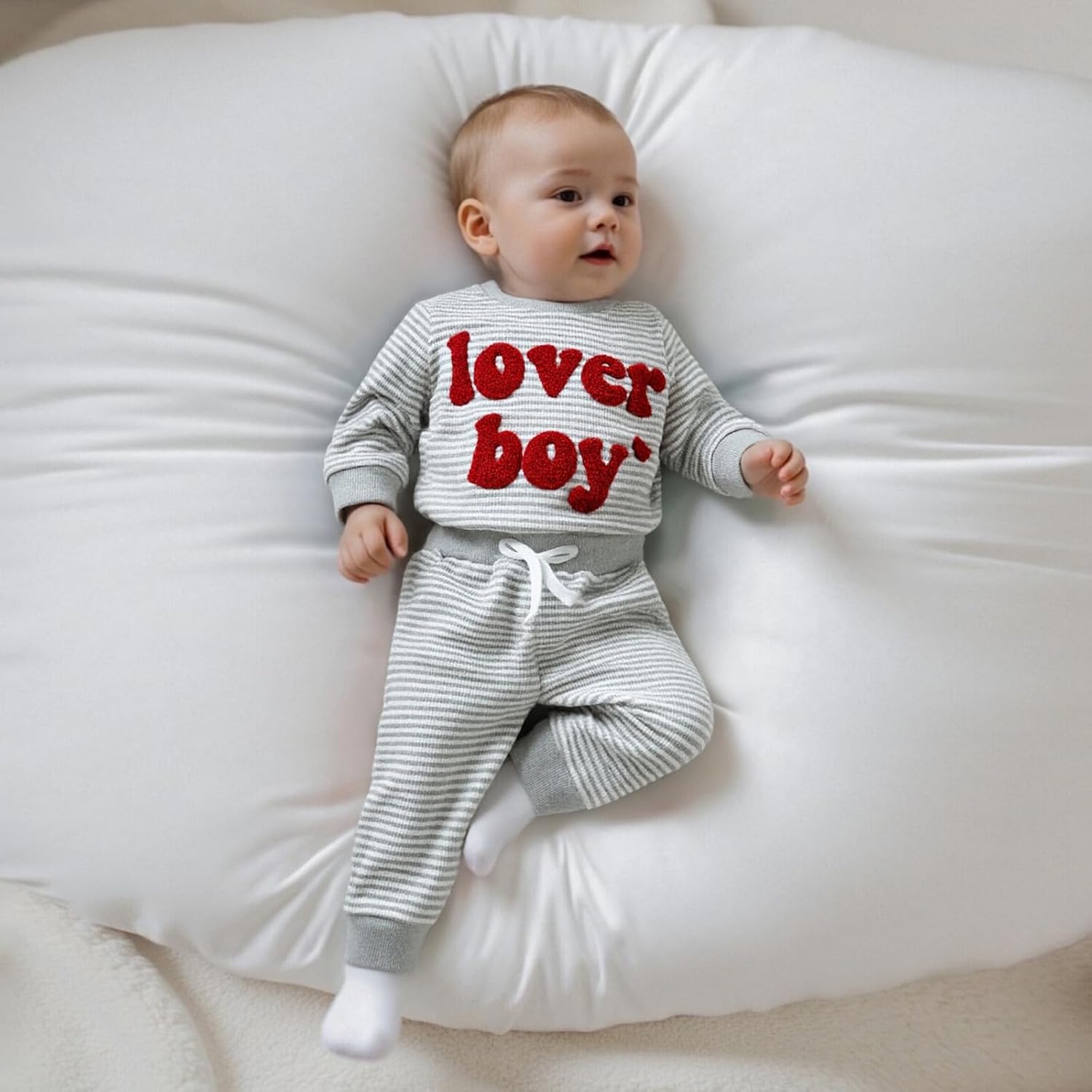 Newborn Baby Boy Valentine's Day Outfit Lover Boy Embroidery Romper Bodysuit Jumpsuit Pants Set Infant Clothes - Image 4