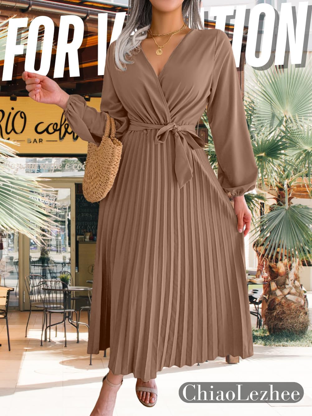 Women's Pleated Maxi Wrap Dress, Modest V-Neck Puff Sleeve Flowy Dresses for Business Casual Church Vacation - Image 7