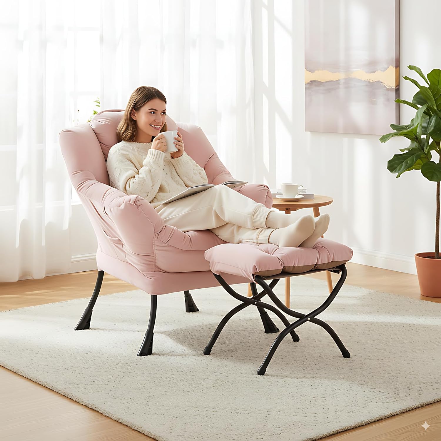 LITA Lazy Chair with Ottoman, Modern Accent Leisure Upholstered Sofa Chair, Contemporary Lounge Reading Chairs with Armrests and a Side Pocket for Living Room, Bedroom & Small Space, Pink - Image 7