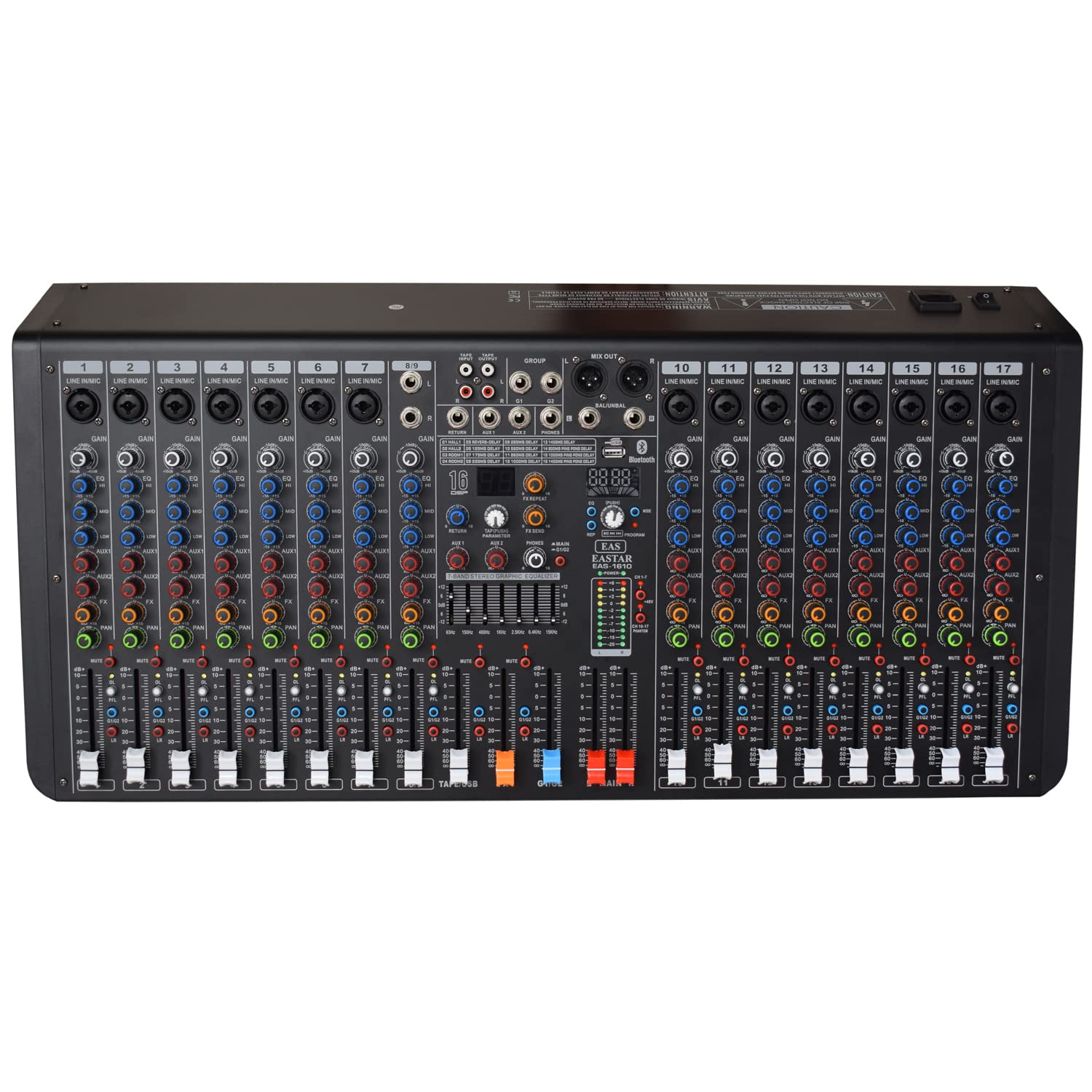 kh Professional 16 Channel Audio Mixer, 15 Mono & 1 Stereo Channel, Mixing Console and Two Aux Paths w/USB Audio Interface, BT Function, 16 DSP Effects, 7-Band EQ, For Studio, Stage (16 Channel)