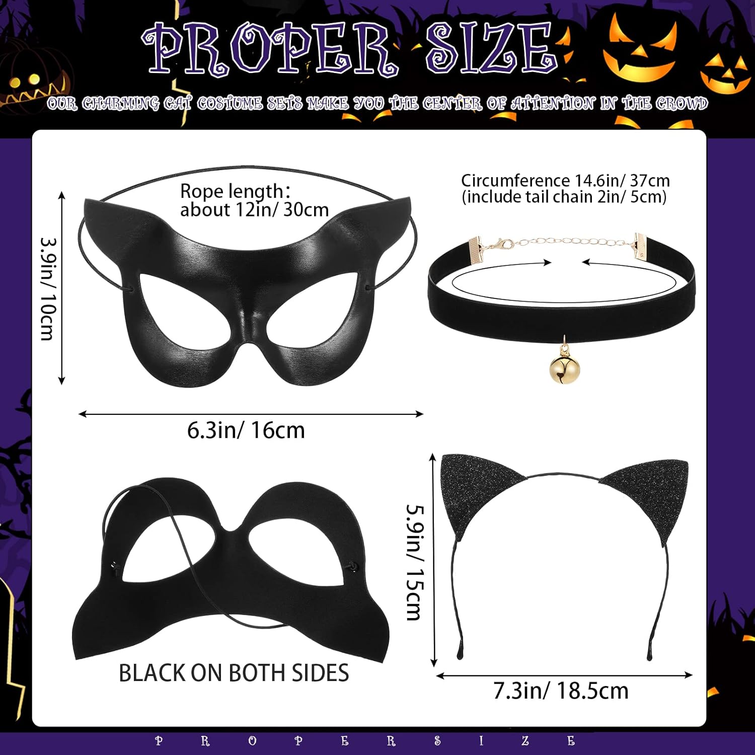 Sratte 3 Pcs Halloween Cat Masks Costume for Woman Include Cat Face Eye Masquerade Mask Black Ear Headband Bell Collar for Cosplay Costumes Dress up Theme Party Favors Decorations - Image 5