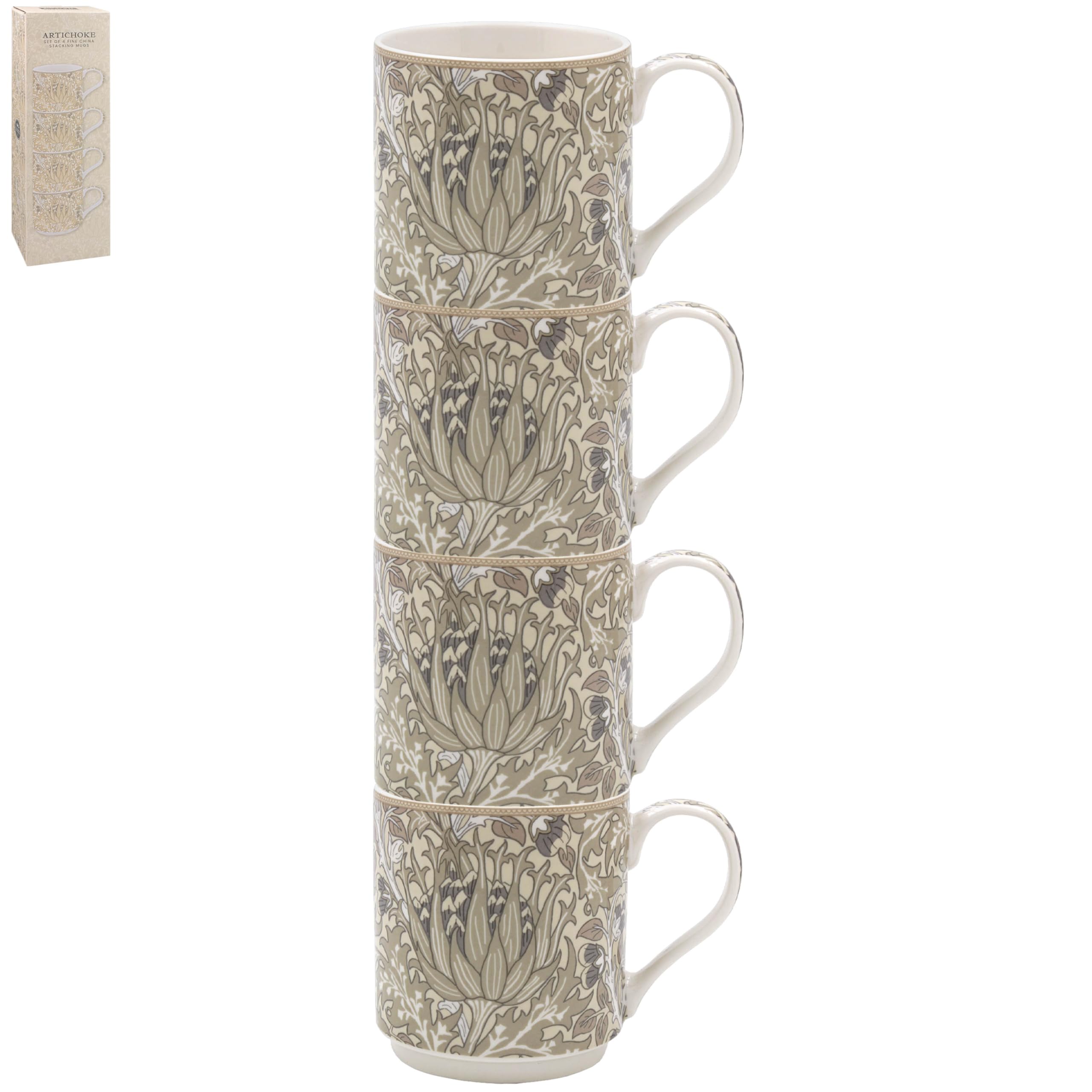 The Leonardo Collection Women's Artichoke Stacking William Morris Mugs Set 4 For Hot & Cold Drinks | Durable Coffee Cups For Home & Office | Easy-To-Hold Coffee Mugs For Beverages & Daily Use