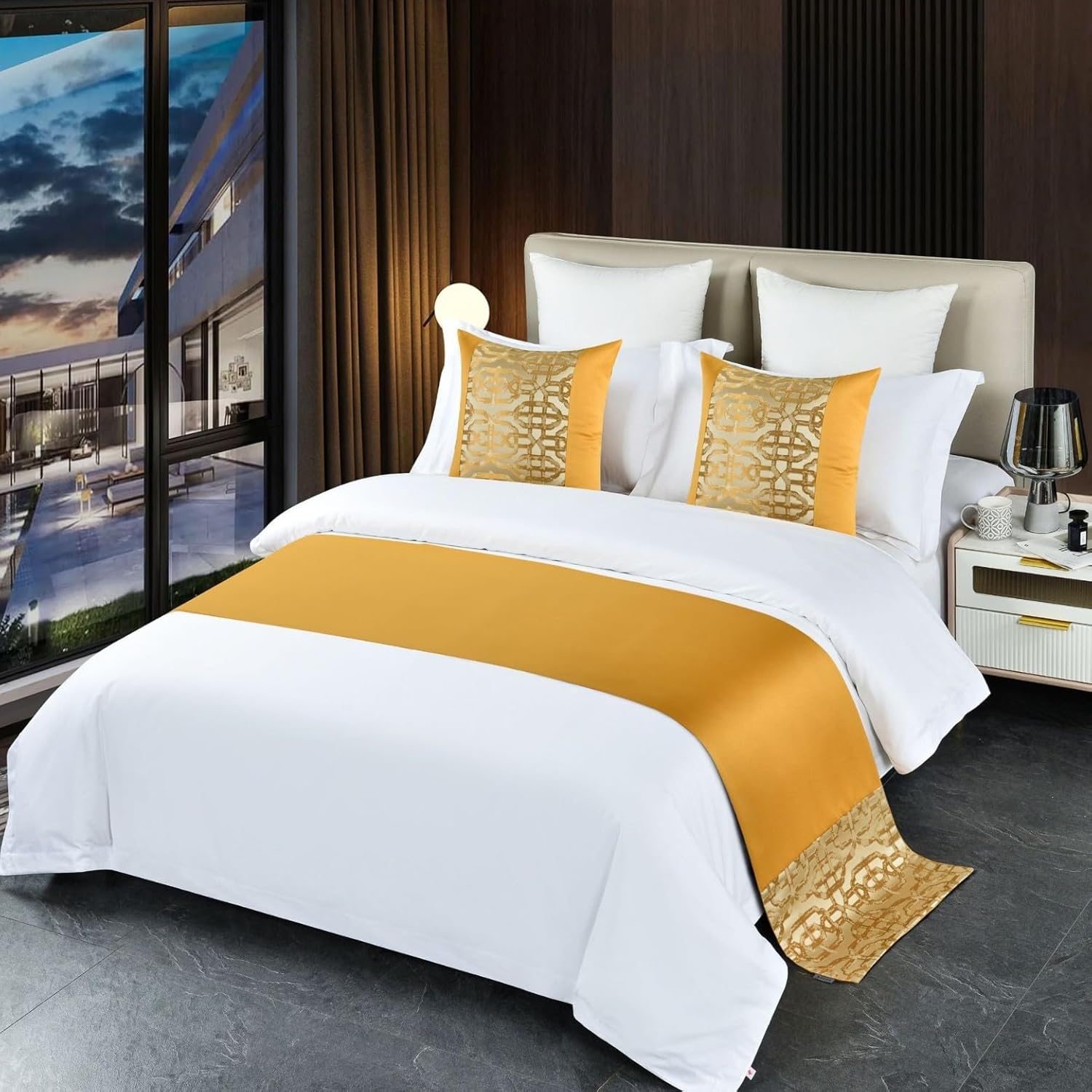 Bed Runner Bedding Scarves 2 Pillowcases(50X50cm) Scarf for King Queen Size Home Hotel Bedroom Decor Bed Throws for Foot Gold