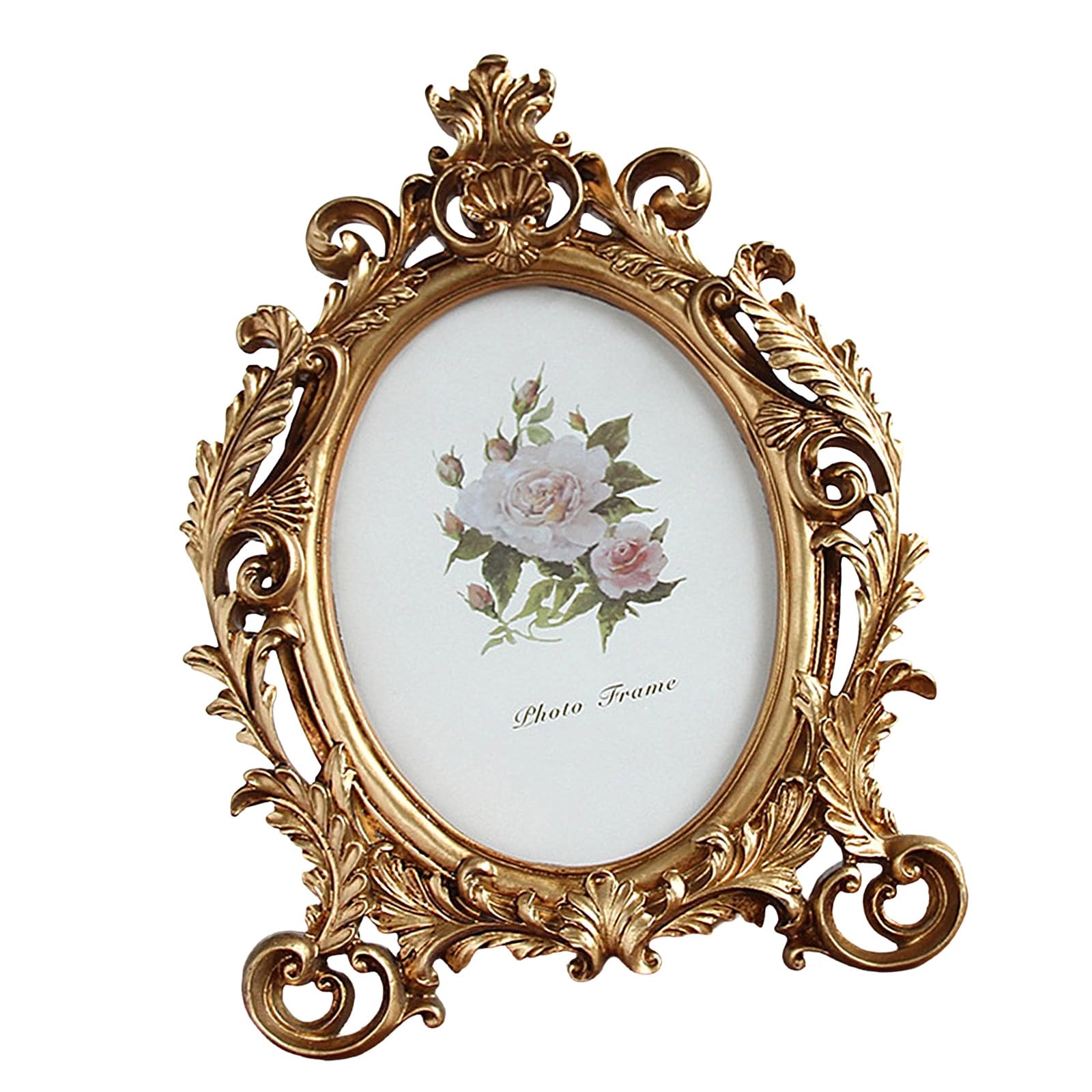 Oval Antique Resin Photo Frame Golden Flowers Desktop Picture for Classical Home Decors and Display Traditional Photo Display