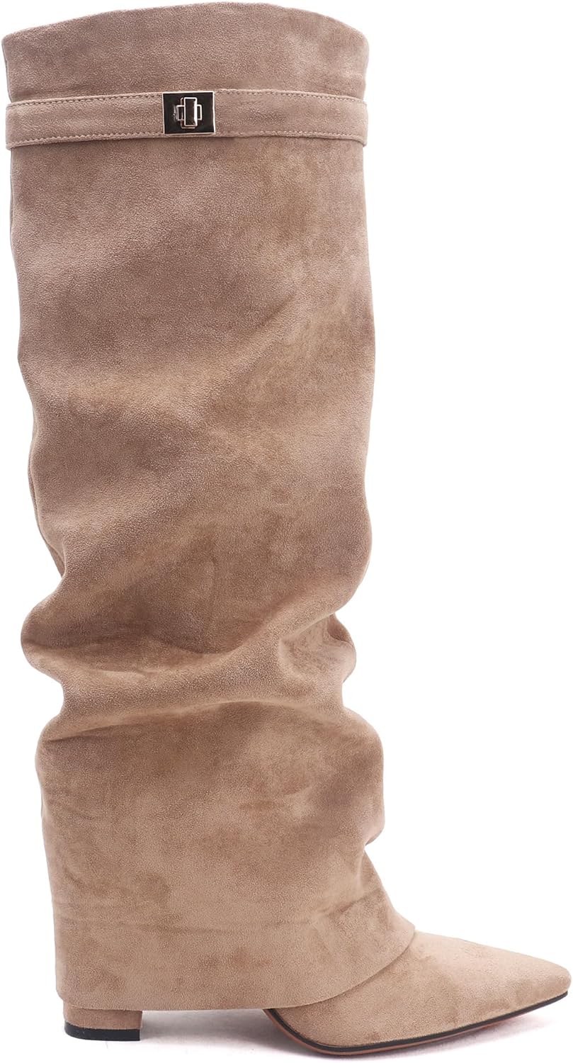 Knee High Boots Women Chunky Heel - Fold Over Design