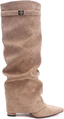 Knee High Boots for Women Fold Over Knee High Boots Chunky Heel Pointed Toe Suede Long Boots With Side Zipper Tall Boots for Winter Fall