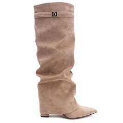 Knee High Boots for Women Fold Over Knee High Boots Chunky Heel Pointed Toe Suede Long Boots With