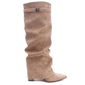 Knee High Boots for Women Fold Over Knee High Boots Chunky Heel Pointed Toe Suede Long Boots With