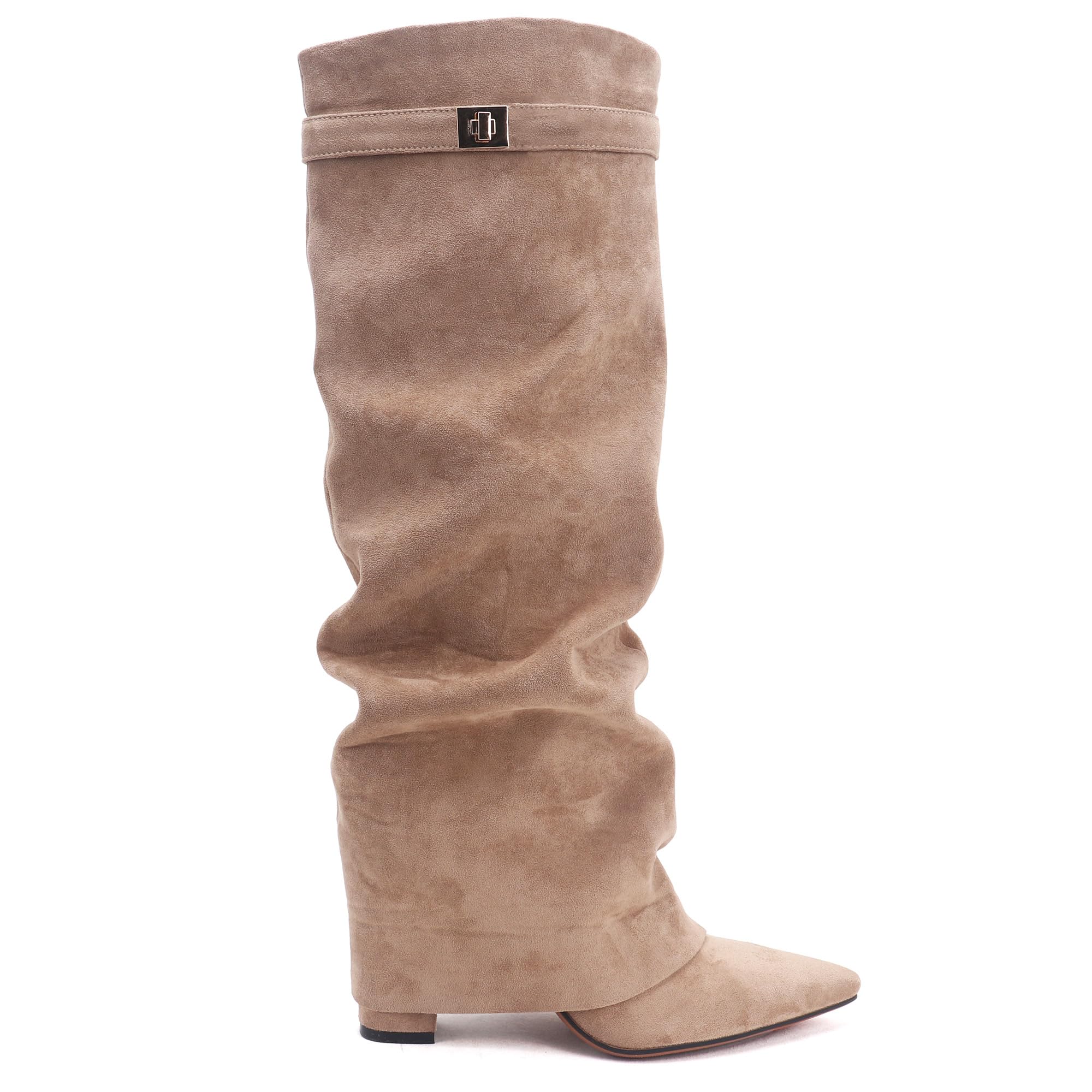 Knee High Boots for Women Fold Over Knee High Boots Chunky Heel Pointed Toe Suede Long Boots With