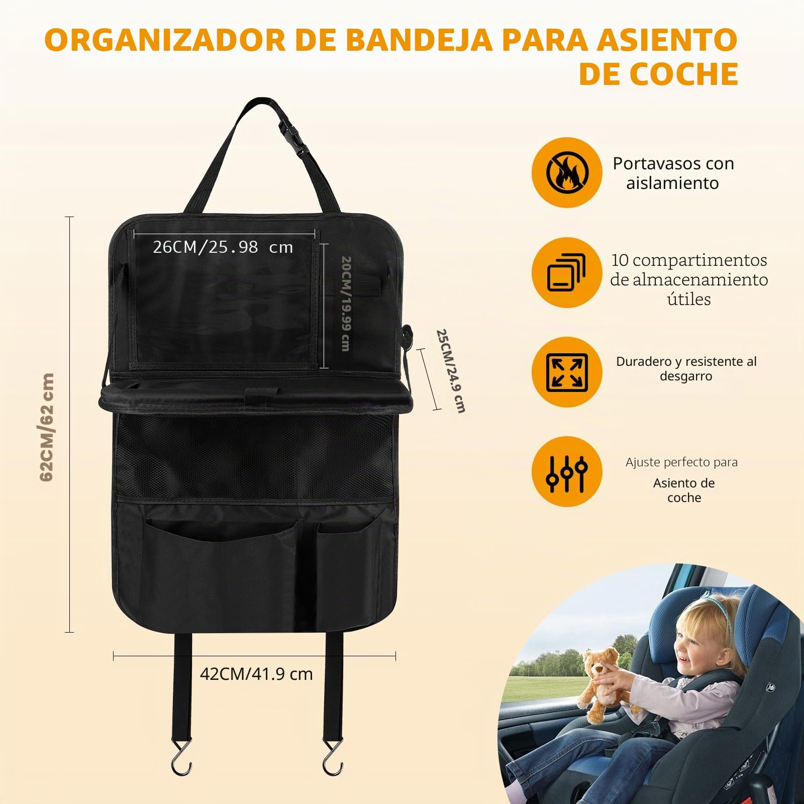 Organizador Asiento Coche con Mesa Plegable, Organizador Coche Niños con Bolsillo & Funda para Tablet, Protector Impermeable Respaldo Asiento, Para Viajes Familiares y Almacenamiento Juguetes