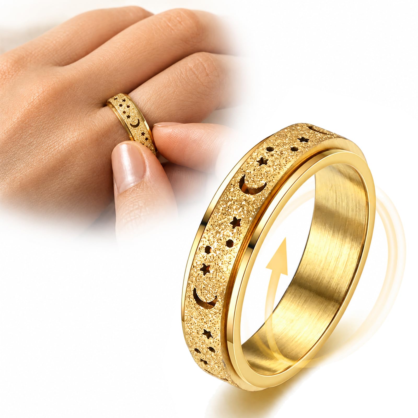 Gold-Toned Matte Rotating Fidget Ring Featuring Moon & Star - Textured Stainless Steel Spinner Band for Stress Relief, Calming Sensory Tool for Adults, Multiple Sizes & Colours, Durable (Gold / 9)