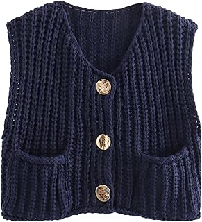 Women's Sleeveless Cropped Knit Cardigan Casual Button Down Crochet Sweater Vest Tops with Pockets