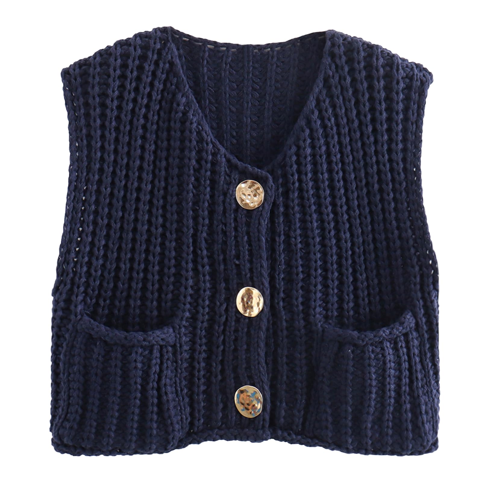 Women's Sleeveless Cropped Knit Cardigan Casual Button Down Crochet Sweater Vest Tops with Pockets-image-30