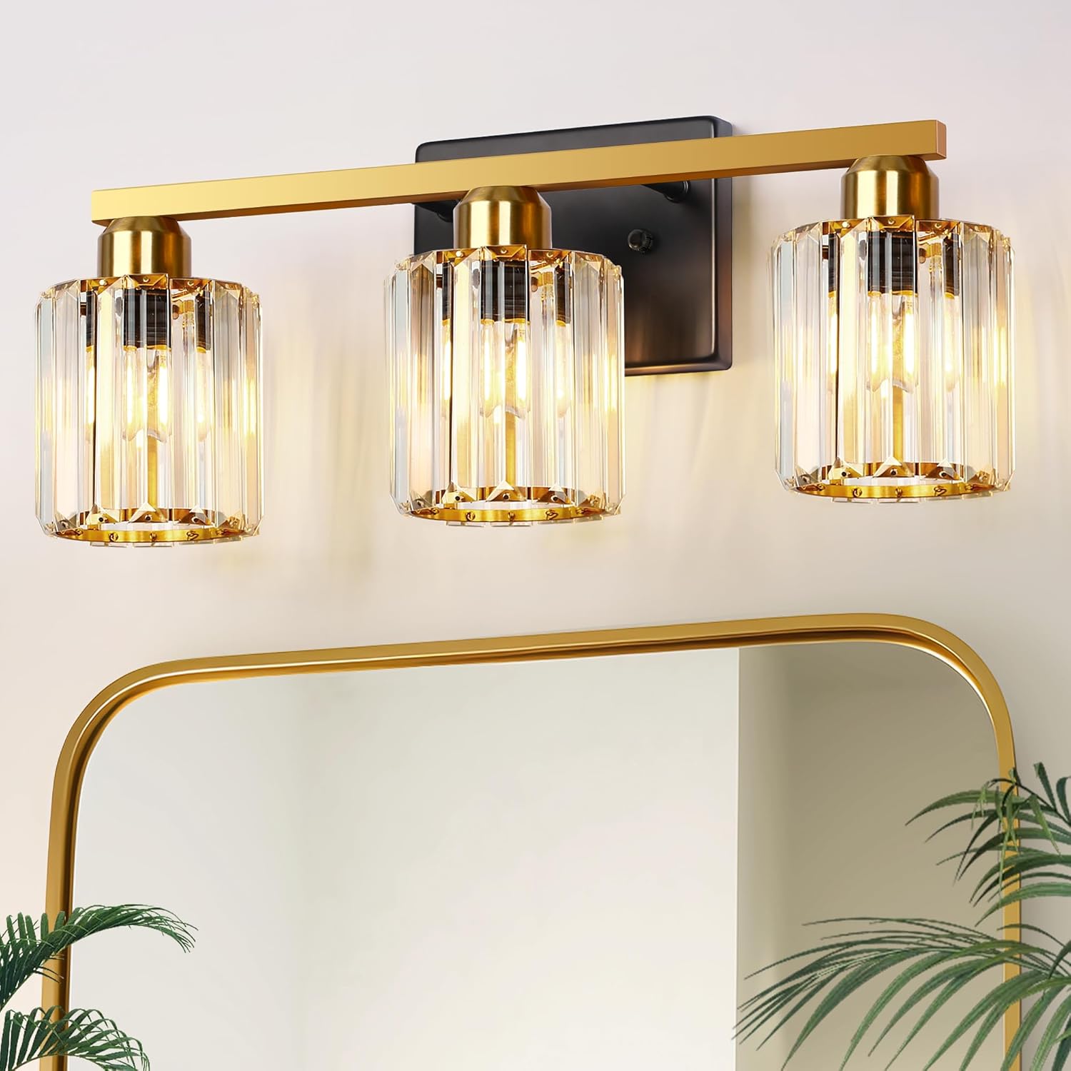 L LOHAS LED Crystal Bathroom Light Fixtures，3-Light Bathroom Lighting Fixtures Over Mirror with Polished Gold Finish，Modern Vanity Lights for Bathroom Hallway Bedroom