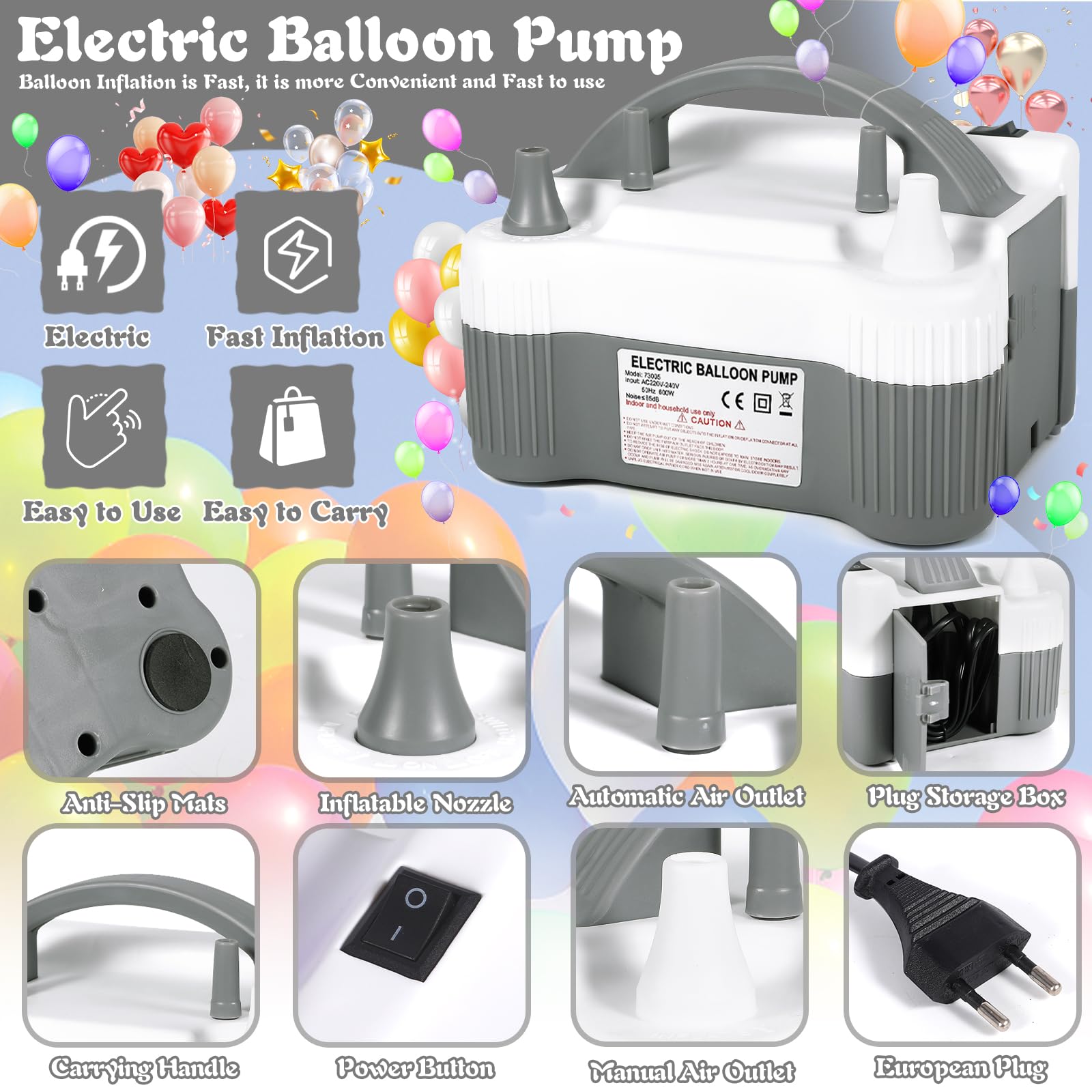 Pompe à Ballon électrique avec Accessoires de décoration,Gonfleur Ballon 220-240V 600W,Pompe à Ballon Haute Puissance,Deux Modes,Deux Buses,pour Anniversaire,fête, Mariage,décoration de Noël.