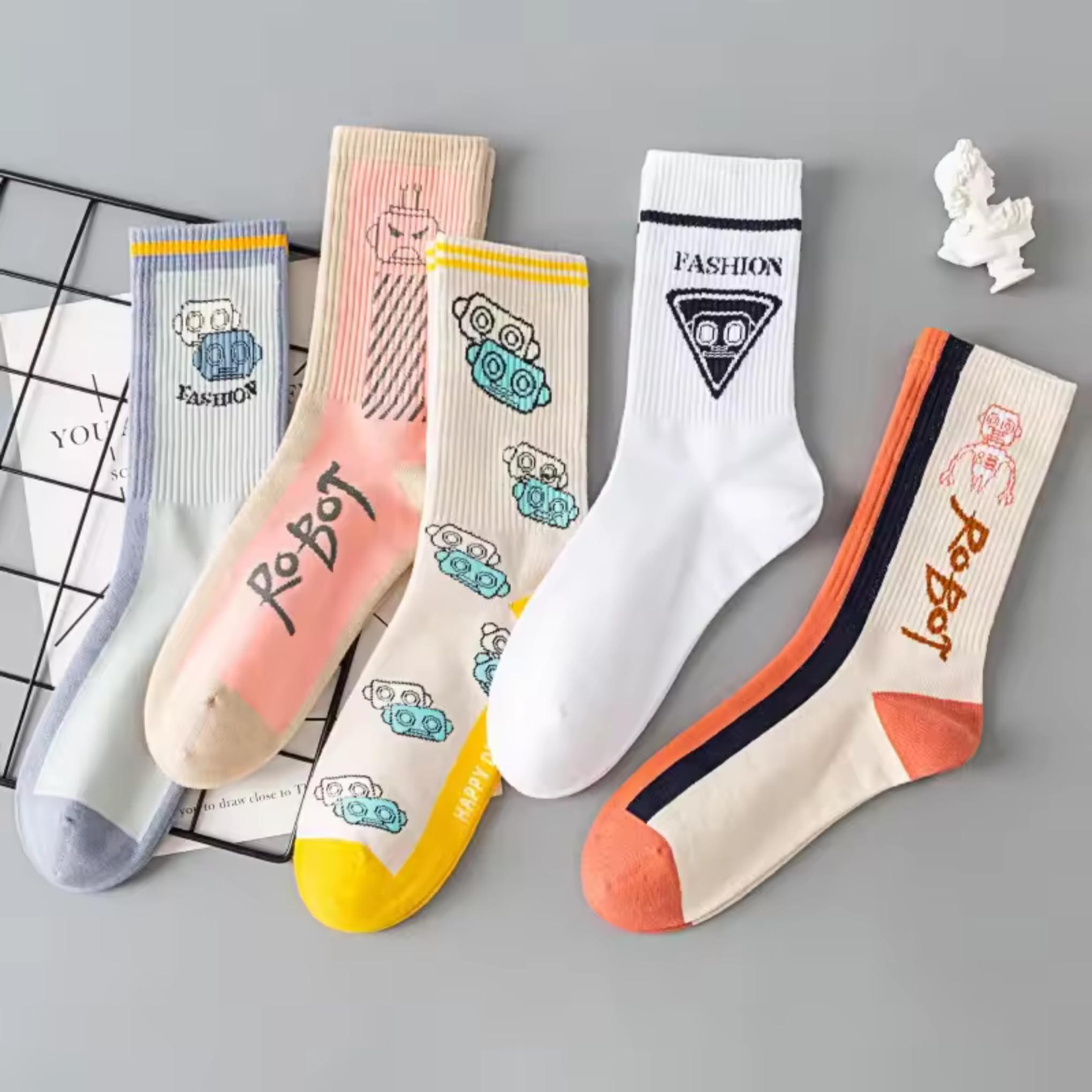 Jumplings Korean or Japanese college-style crew socks, playful robot and cartoon-themed sports and casual fashion socks. Pack of 5 3