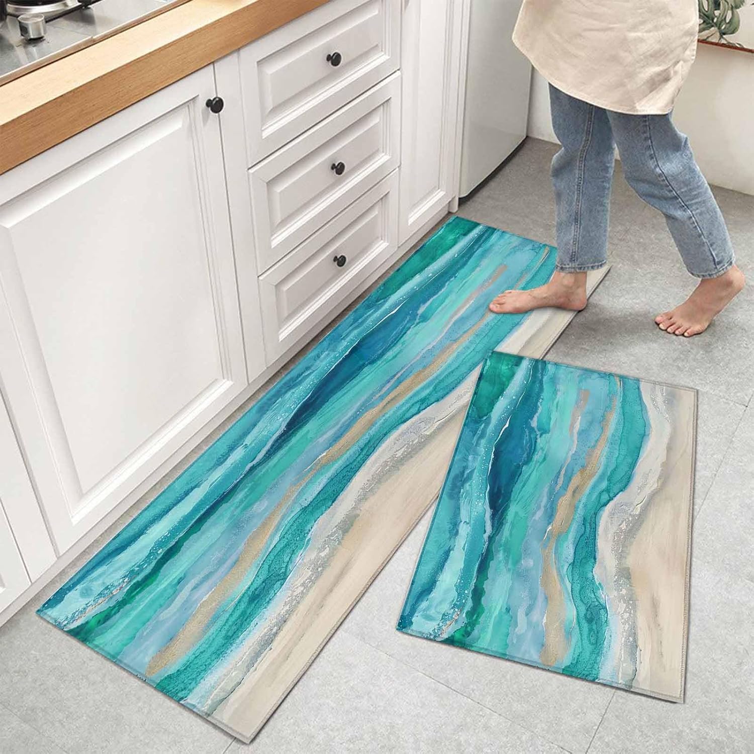 Kitchen Mats for Floor Marine Coastal Wave Turquoise Ombre Washable Non Slip Kitchen Rugs 2PCS, Abstract Ocean Sea Shore Absorbent Standing Mats for Sink Office Living Room 15.7x23.6in+15.7x47.2in