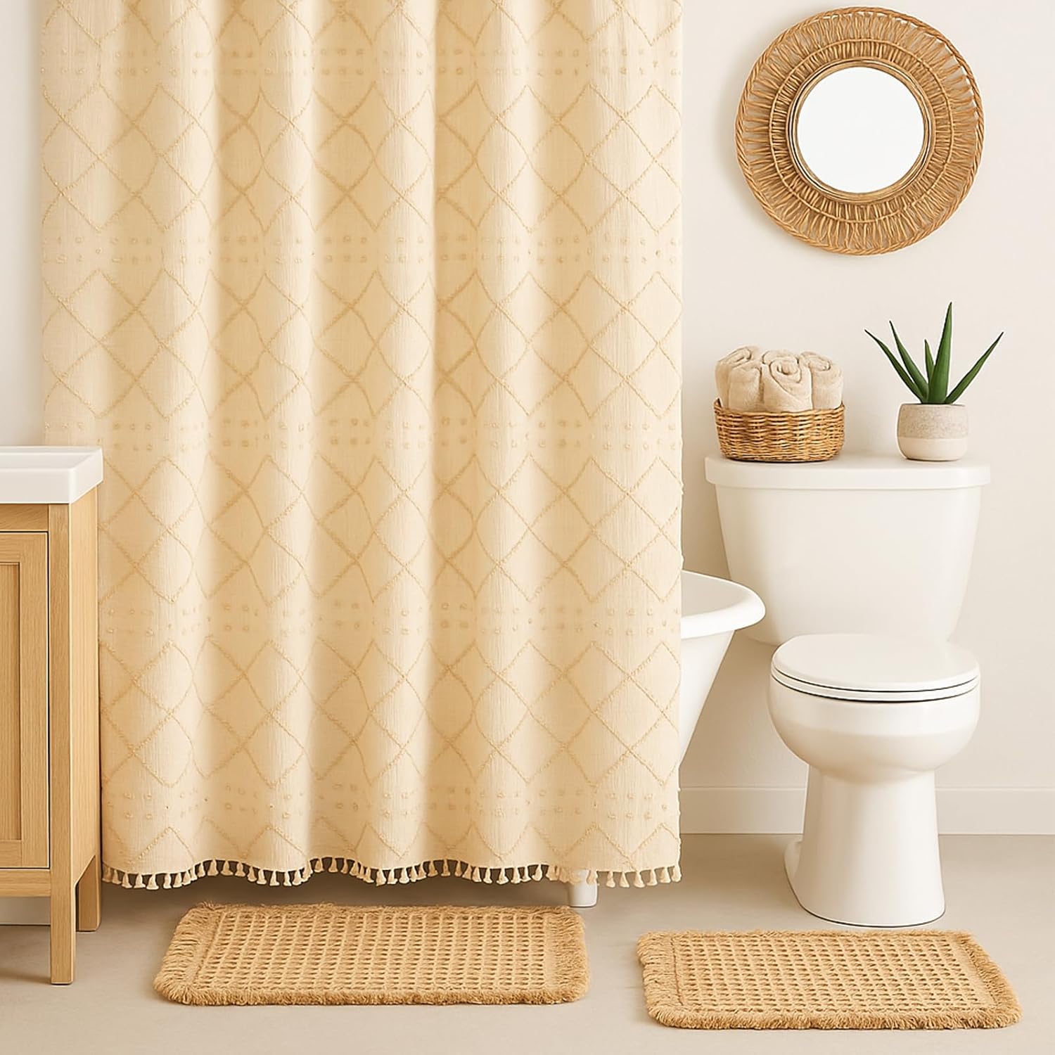Lounsweer 3 Pcs Boho Bathroom Shower Curtain Set with Non Slip Waffle Bath Rugs Waterproof Neutral Shower Curtain with 12 Hooks for Bathroom Farmhouse Hotel Tub Decor 72 x 72