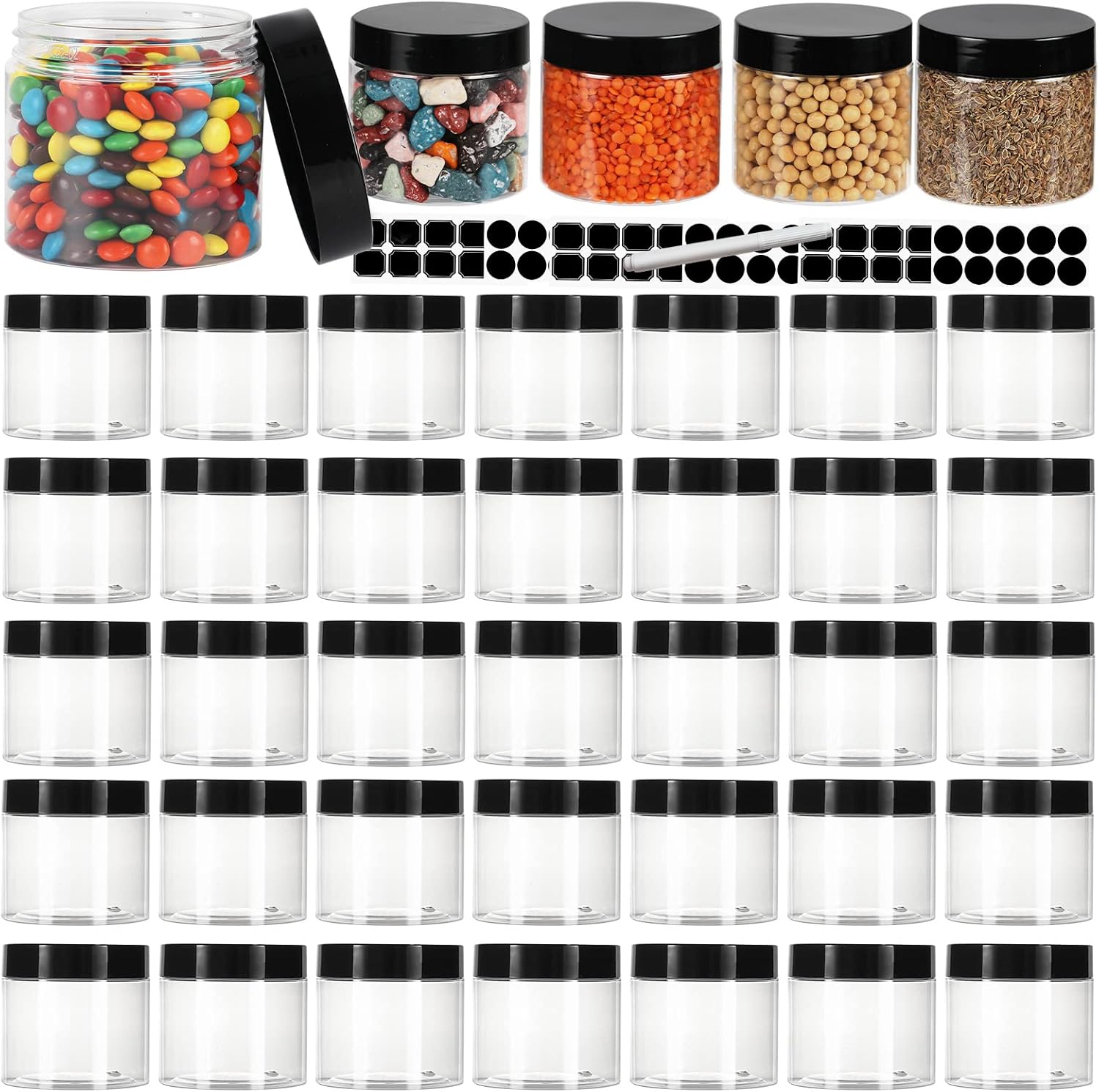 EkkoVla 40 Pack 6 oz Clear Plastic Jars Wide Mouth Round Containers with Black Lids BPA FREE, Empty Multi-use Refillable Storage Jar with Airtight Lid for Cosmetics Beauty Products