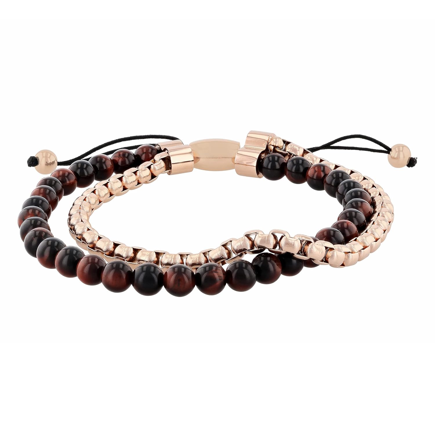 Mens Stainless Steel Bead Beaded Double Strand Rolo Chain Adjustable Nylon Bolo Bracelet