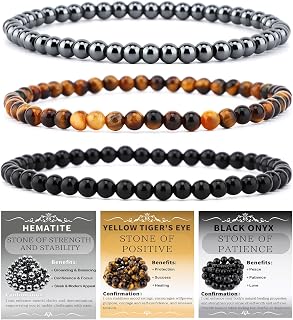 NCB 3-Piece 4mm Natural Crystal Gemstone Stretch Bracelets – Black Onyx, Hematite, Yellow Tiger's Eye Handmade Reiki Energy Healing Jewelry for Meditation,Yoga, Unisex